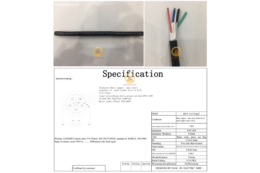 Cáp điều khiển Sangjin 5 core không lưới